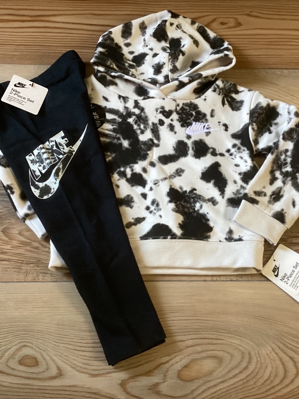 Nike Black and White Tie-Dye Hoodie + Black Logo Leggings Kids Set Size 24M